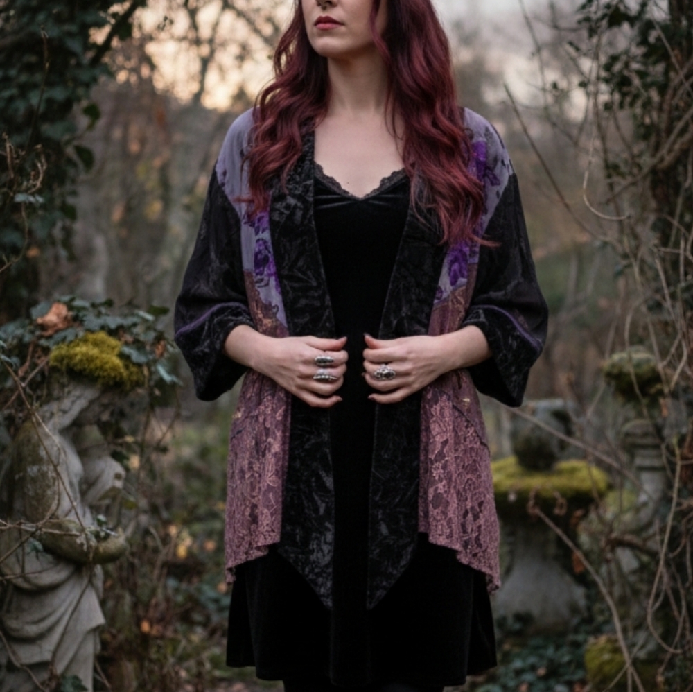 Velvet Lace Trim Open-Front Kimono Jacket - Purple/Black